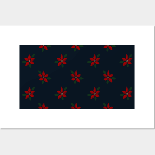 Elegant Red Winter Flower Blue Pattern Posters and Art